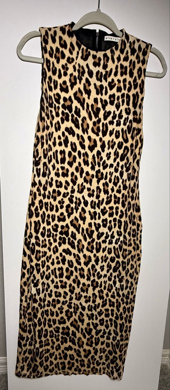 Alice + Olivia Delora Leopard Animal Print Mock Neck Bodycon Midi Dress Sz 12